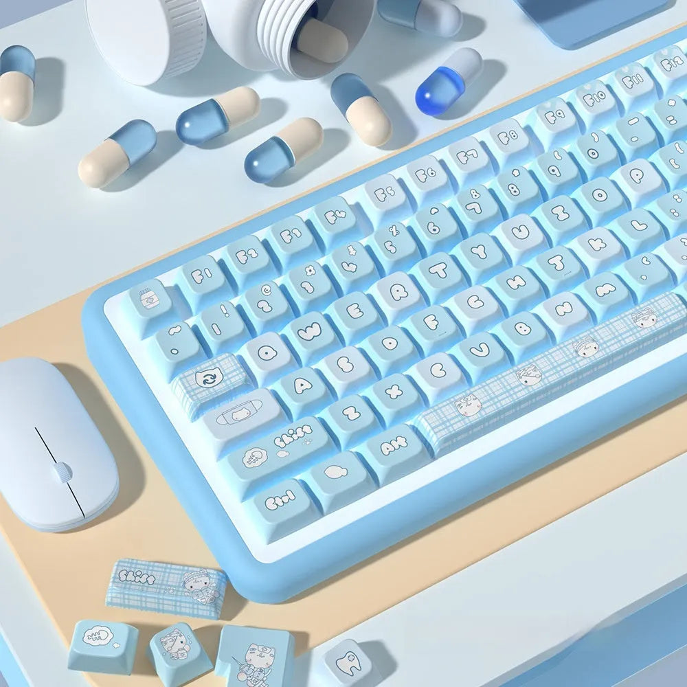 Custom watercolour cat design PBT keycap set for mechanical keyboards, showing 138 or 158 keys in a box.