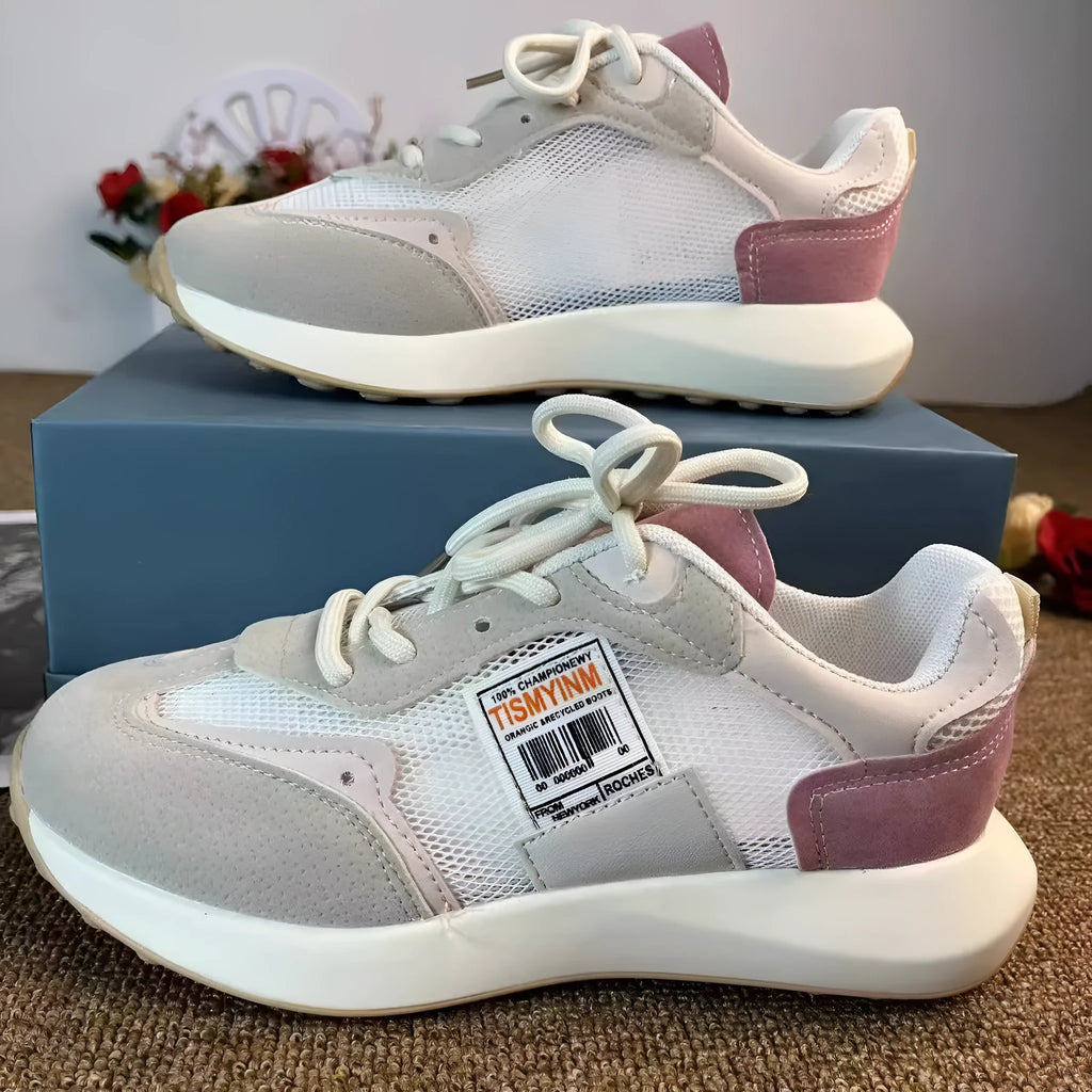 Women's grey and pink retro sneakers with mesh lining and rubber soles in low-top flat heel design