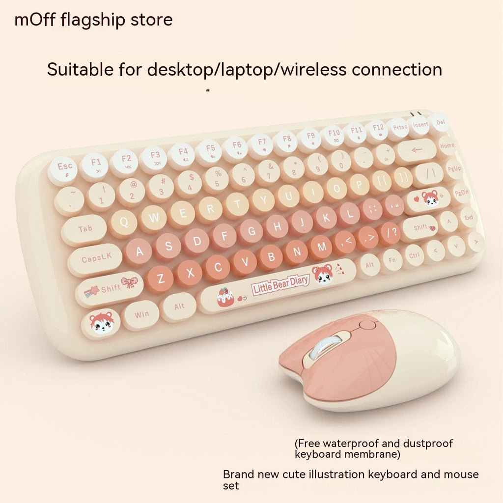 Candy pink wireless keyboard and mouse set with compact 43.5cm keyboard dimensions