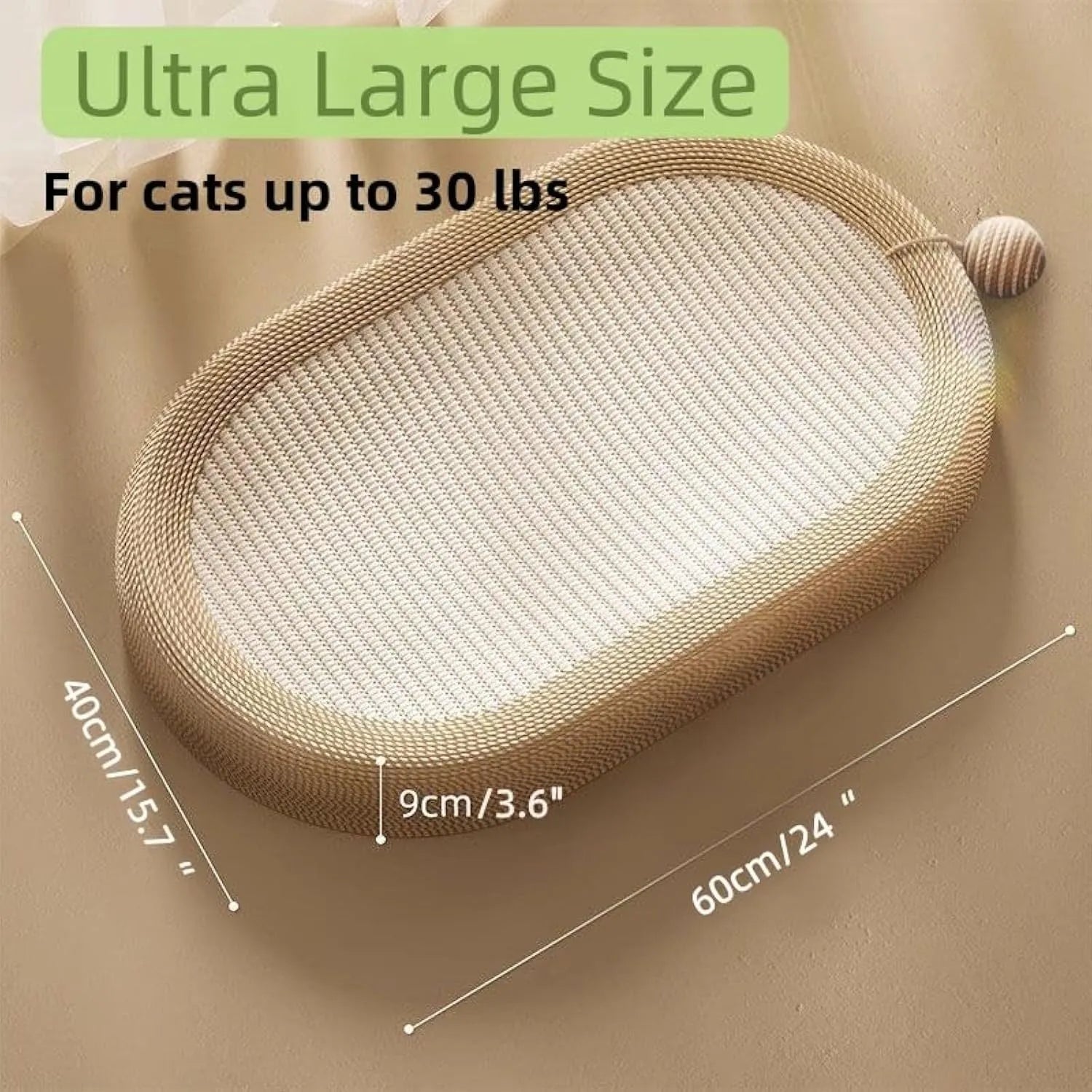 Large natural sisal cat scratching board with raised lounging platform for cats.