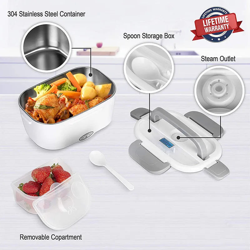Grey dual-voltage electric lunch box with 1.1-1.2 litre capacity for car and home use