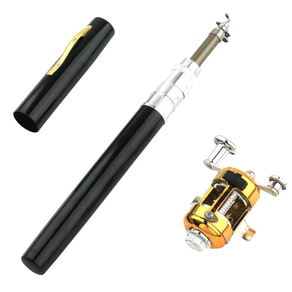 Portable telescopic fishing rod kit with reel in aluminium pen case, shown collapsed and extended.