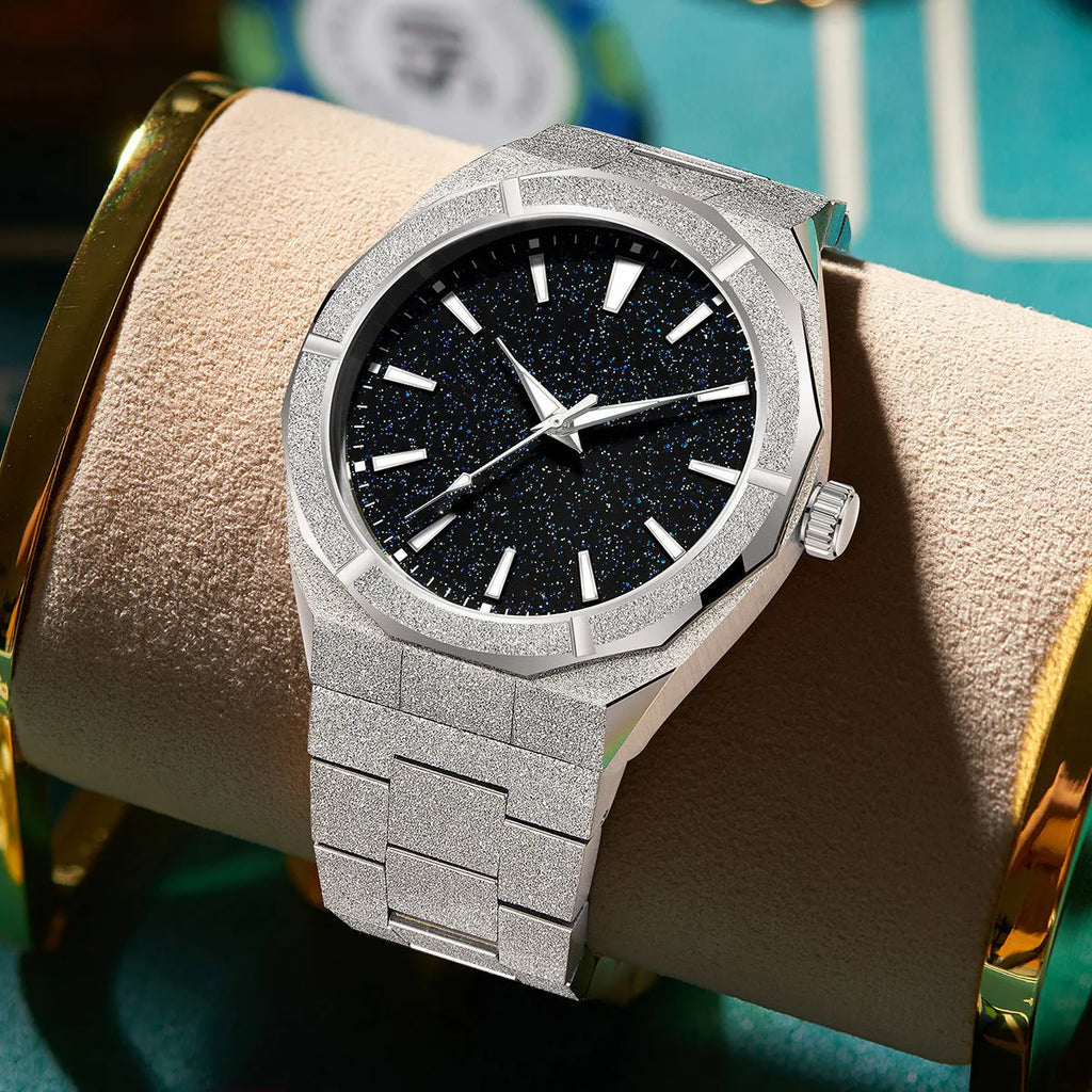 Men's business watch with luminous markers on frosted stainless steel case