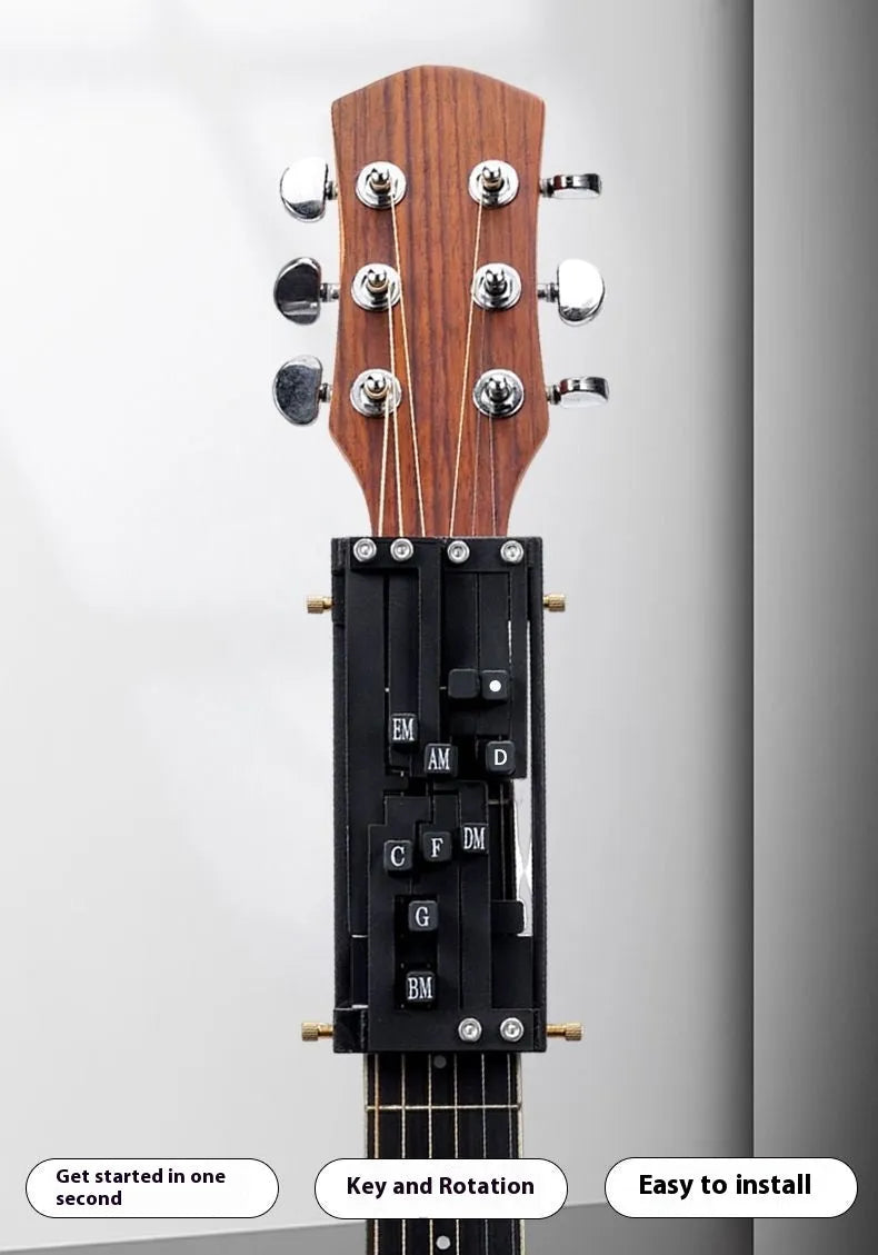Black guitar chord maker device for auxiliary folk guitar playing and singing practice