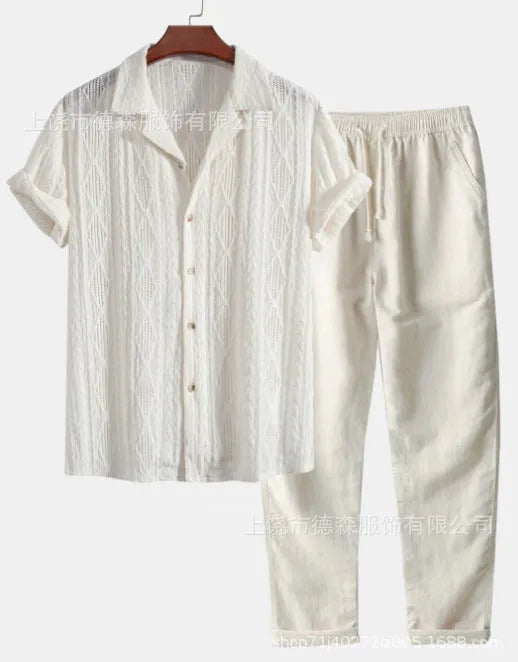 Men's milk silk summer suit set with short sleeve shirt and loose trousers