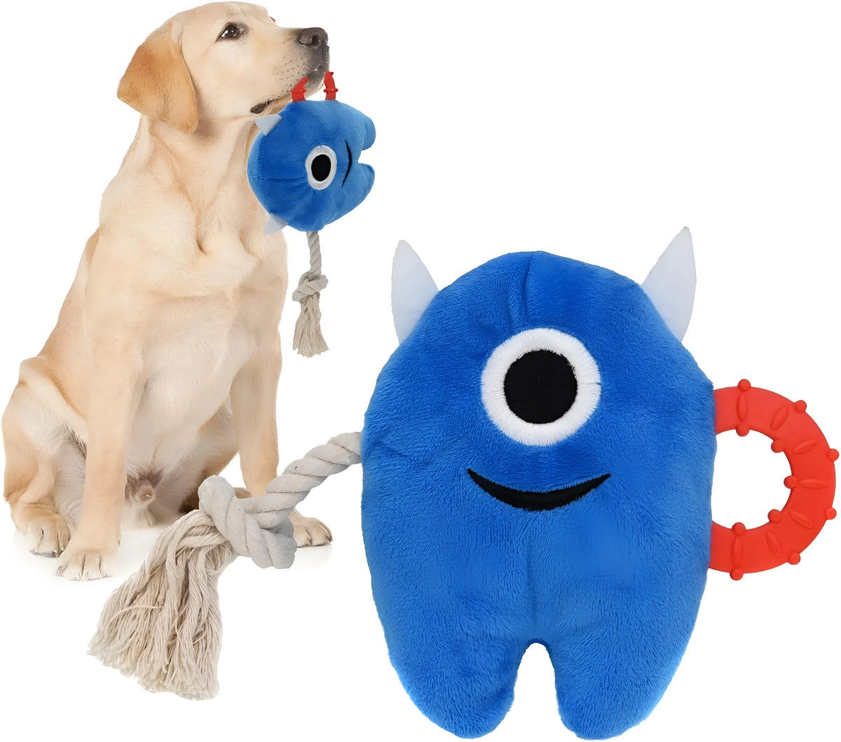 Blue and green plush dog toy with integrated rope and squeaker for chewing and tug-of-war play