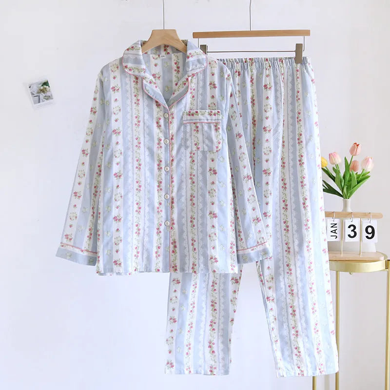 Women's red small fruit patterned cotton gauze long sleeve pyjama top and trousers set.