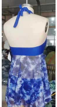 Blue women's bikini swimsuit with brief-style bottoms, made from stretch Spandex fabric.