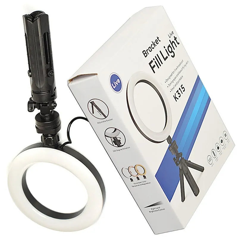 Black desktop phone bracket with adjustable fill light and tripod for mobile streaming