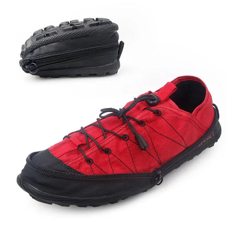 Orange, black, and grey folding hiking shoes with mesh upper and side zipper, shown in folded and unfolded states.