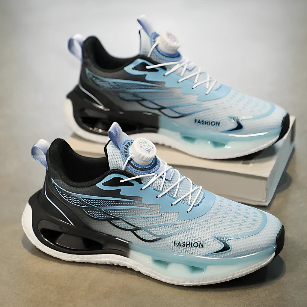 Youth sneakers with rotating button and shock absorption in light blue mesh fabric with rubber soles