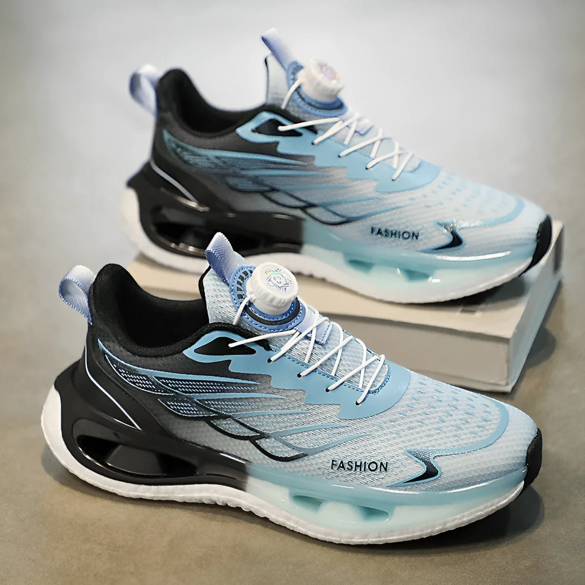 Youth sneakers with rotating button and shock absorption in light blue mesh fabric with rubber soles