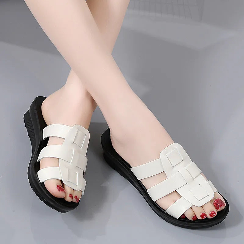 Large size beige women's flat-bottom slippers with a viscose upper and non-slip sole