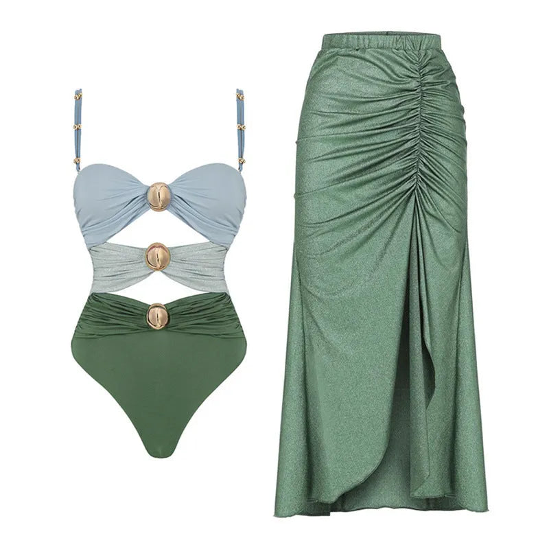 Women's high-waist split bikini swimsuit in nylon, shown in green and yellow colour options.