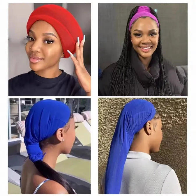 Mesh wig cap with elastic oversleeve design shown in various colour options including leopard print
