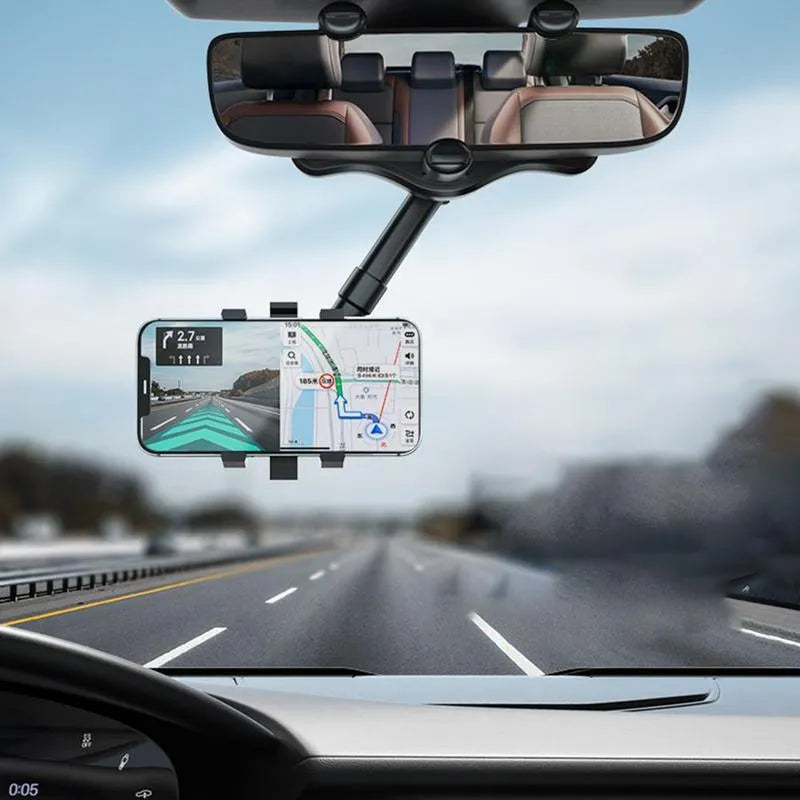 Black rearview mirror car phone holder showing 360 rotation and extended telescopic arm
