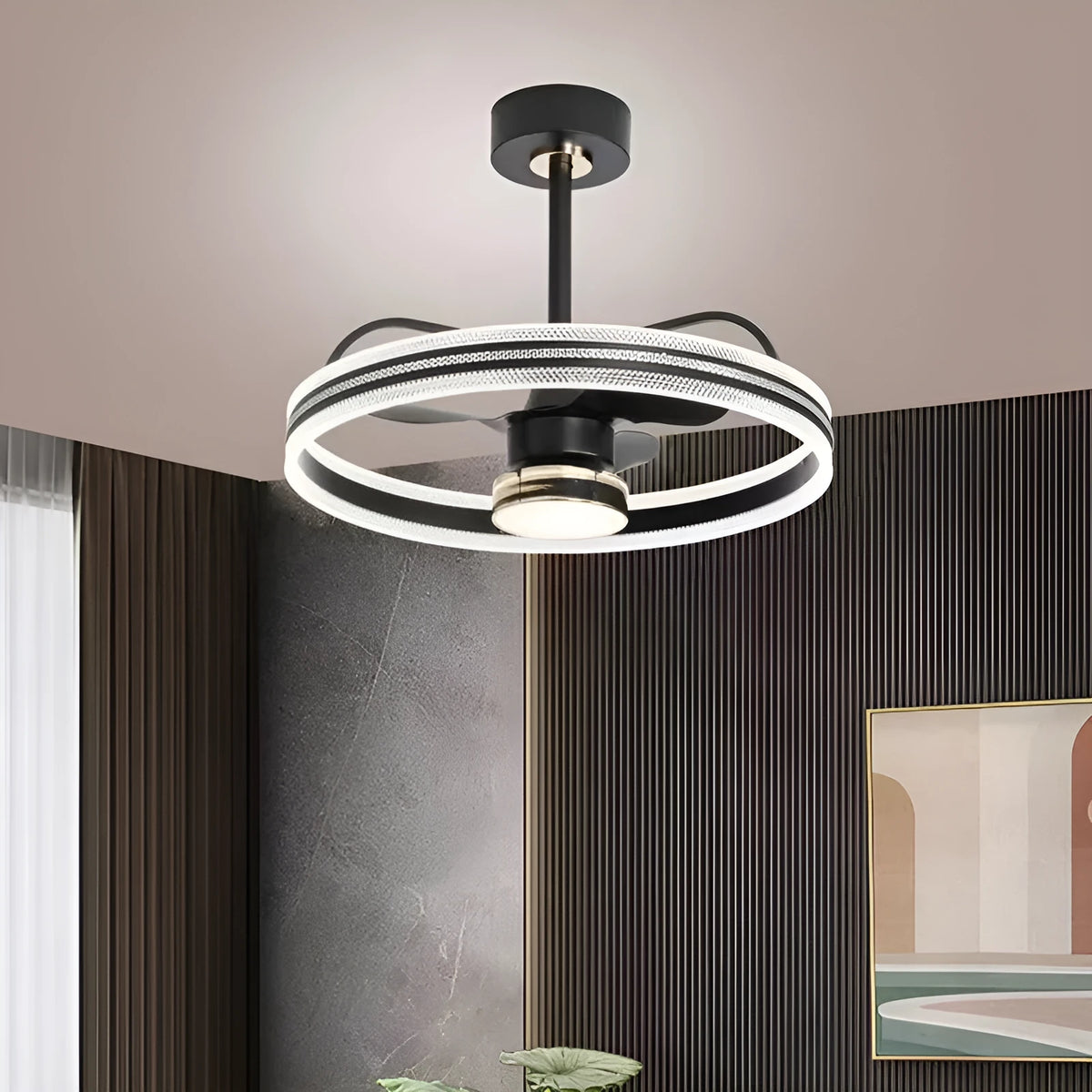 60cm ceiling fan light with remote control, ABS blades, acrylic shade, black or gold, 80W+30W