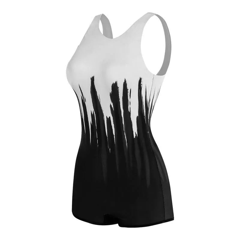 Black conservative one-piece ladies swimsuit with a printed pattern for sports swimming.