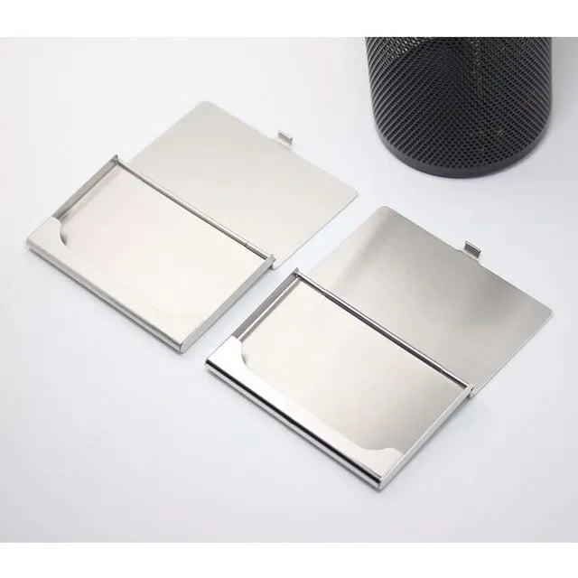304 stainless steel business card case with laser-sculpted geometric pattern showing horizontal format