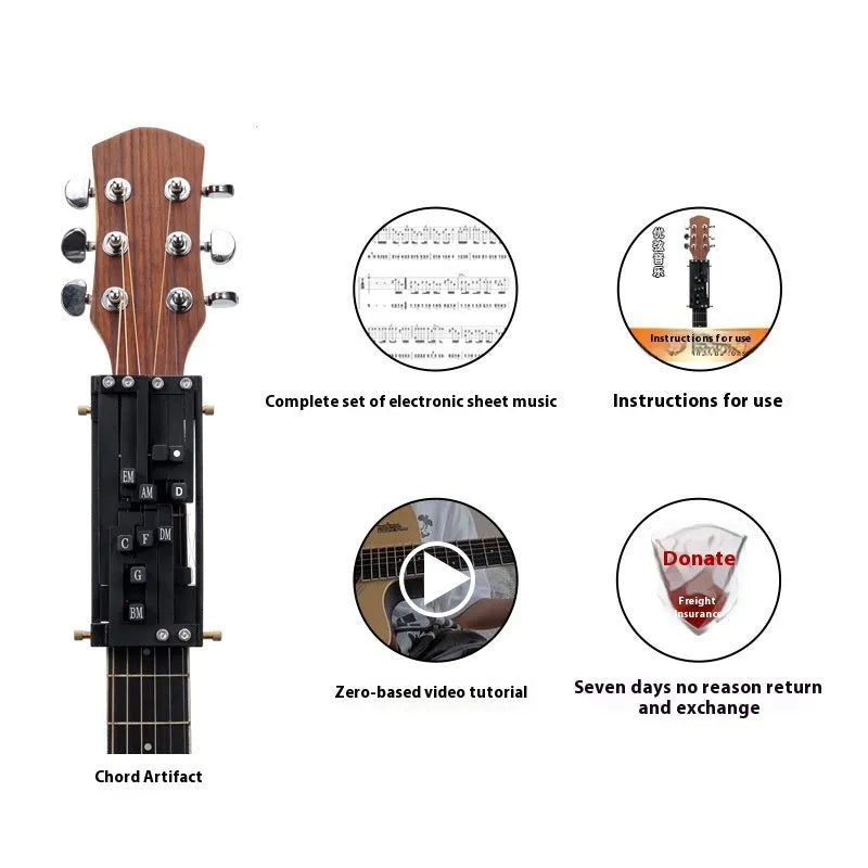 Black guitar chord maker device for auxiliary folk guitar playing and singing practice