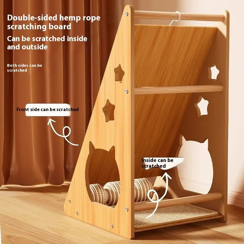 Vertical wall-mounted cat scratch board with sisal surface and hemp rope ball toy