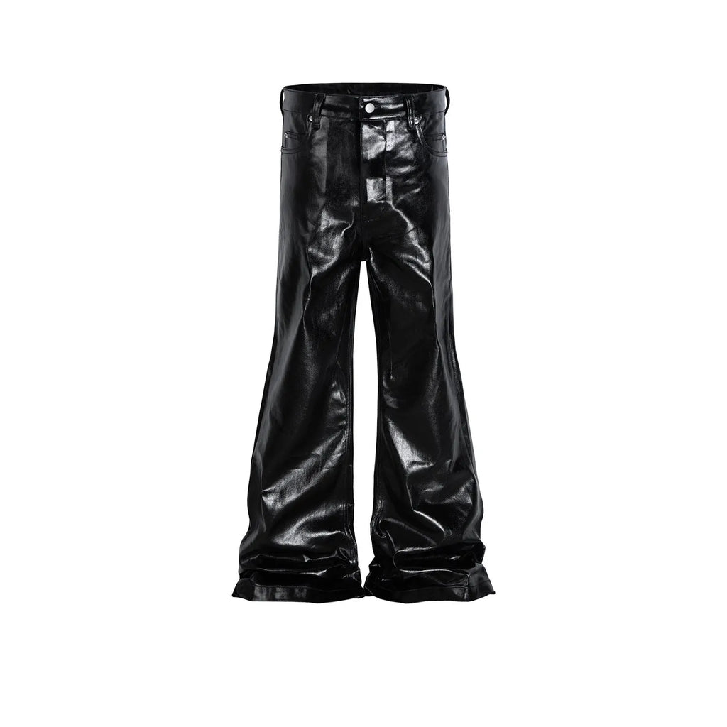 Black coated patent leather straight-leg jeans with shiny finish and cotton denim construction
