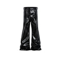 Black coated patent leather straight-leg jeans with shiny finish and cotton denim construction
