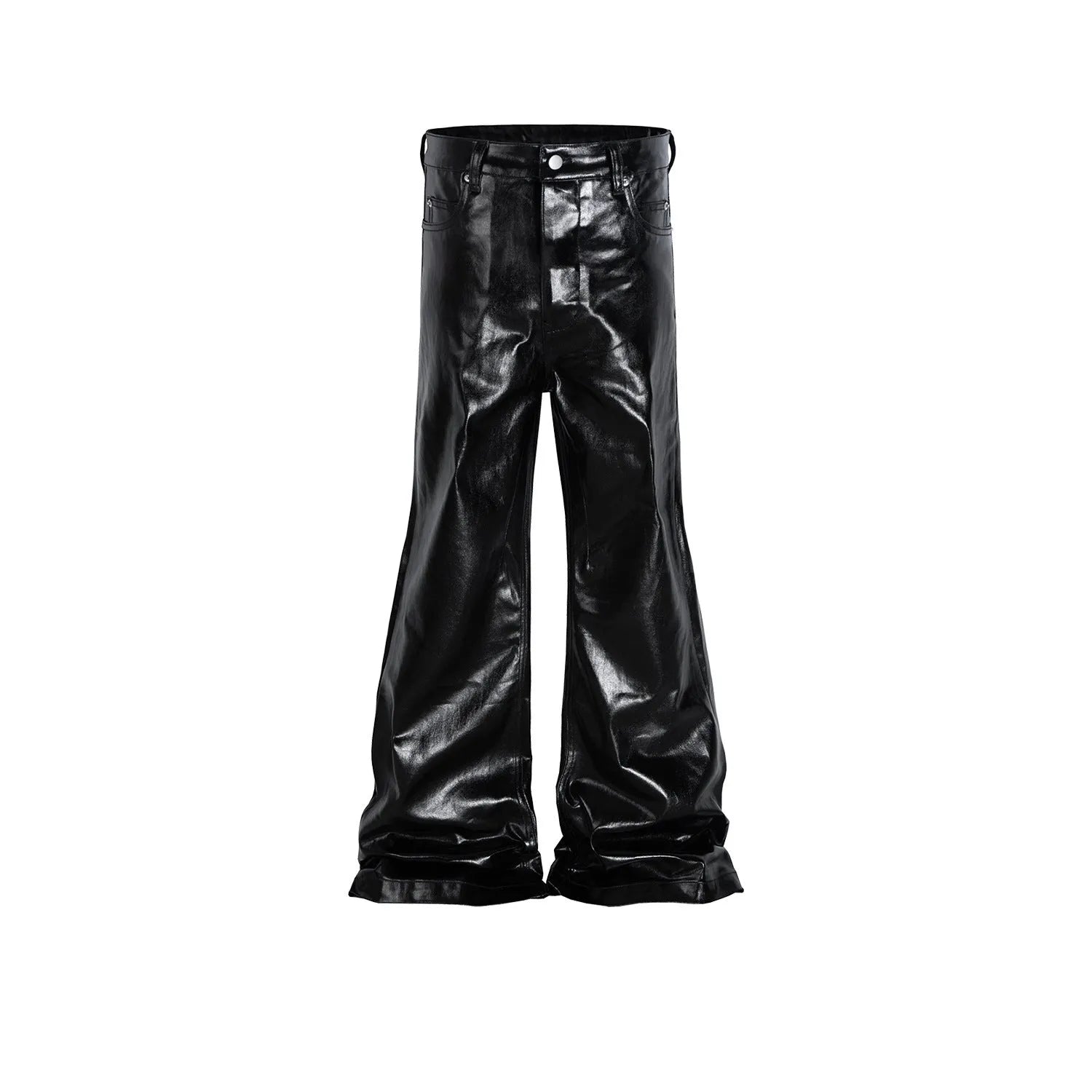 Black coated patent leather straight-leg jeans with shiny finish and cotton denim construction