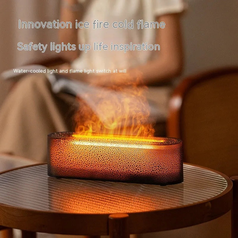 Creative square desktop humidifier and aroma diffuser with colourful flame lighting effect in black and white colour options.