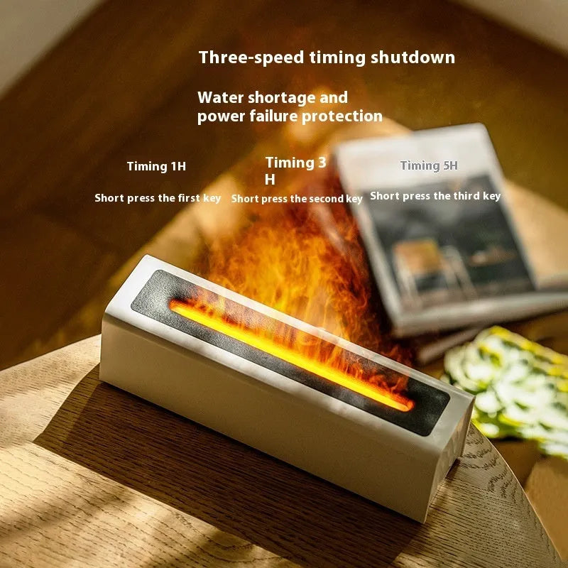Square black USB aroma diffuser with colourful flame lighting effect and water tank