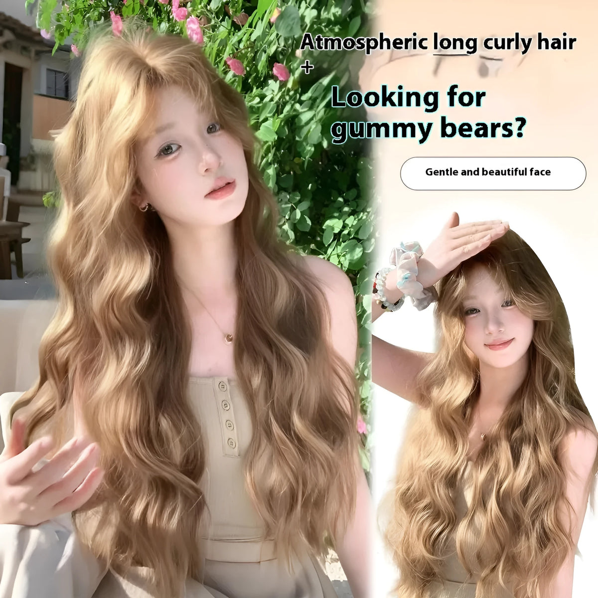 Linen brown medium-length curly synthetic wig on a display stand.