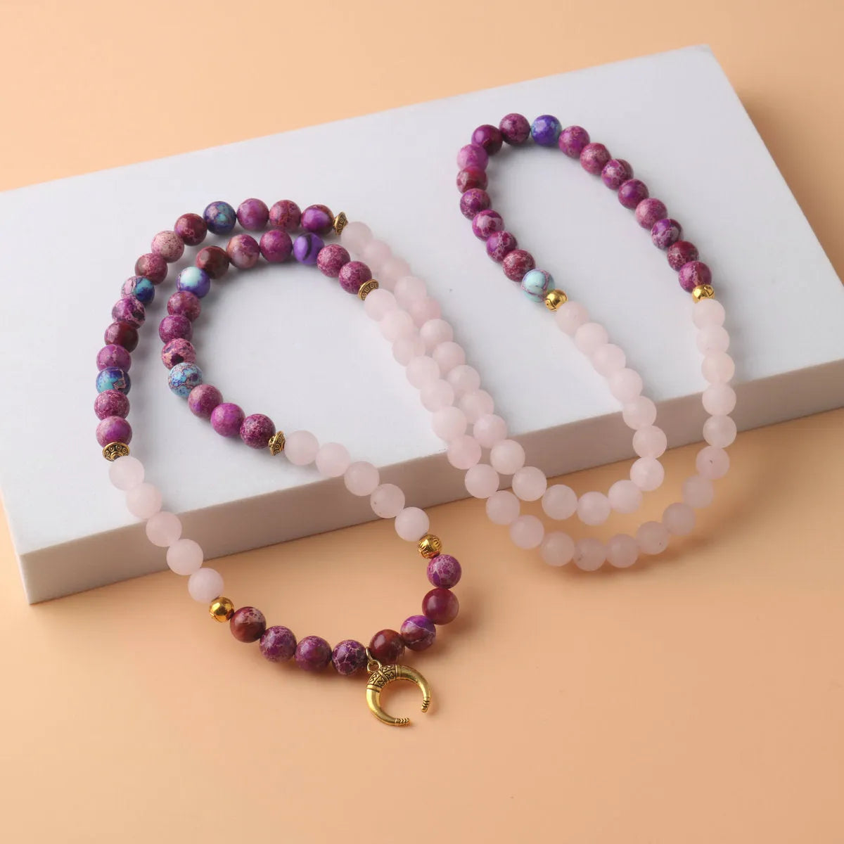 Emperor stone necklace with pink crystal beads and round pendant casual jewellery for women and men