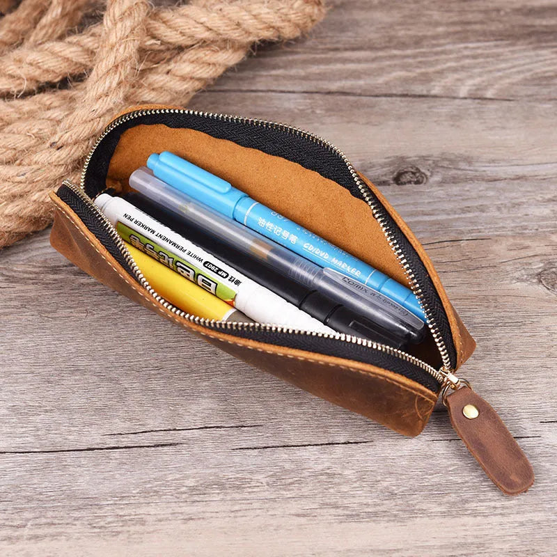 Genuine cowhide leather square pencil and glasses case with zipper in black colour