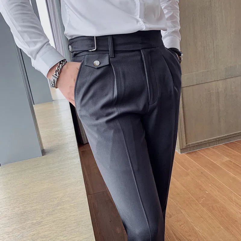 Men's straight-leg polyester trousers in solid colours with waist size range 29-36