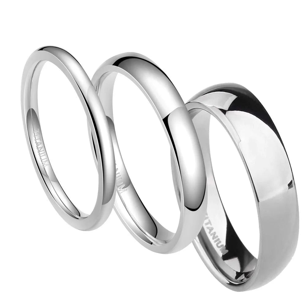 Polished silver titanium steel unisex ring showing 2mm 4mm 6mm width options with US sizing