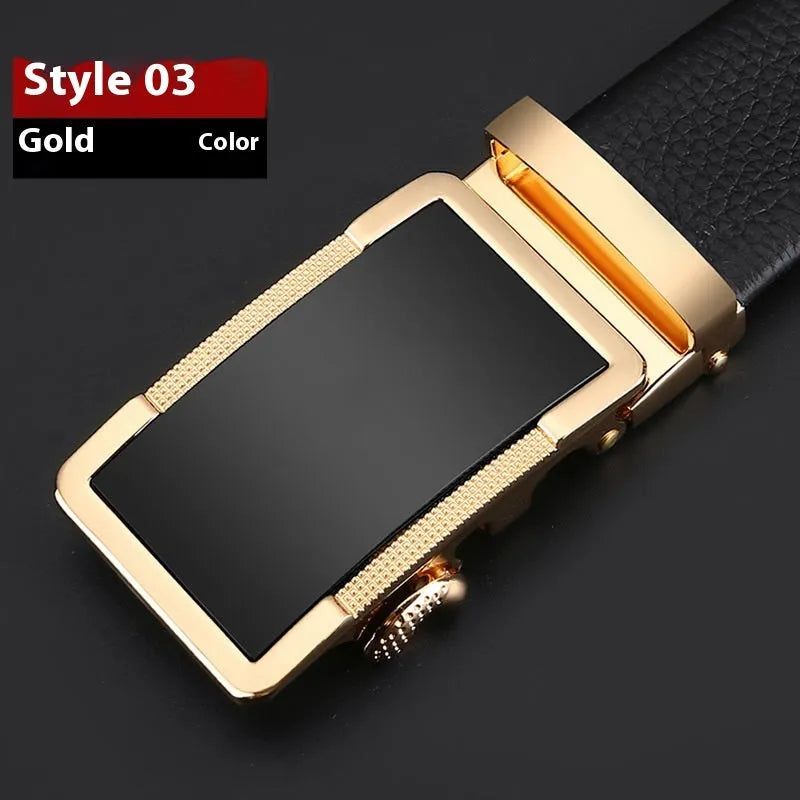 Men's automatic buckle leather belt showing comfort click fastening mechanism and electroplated surface