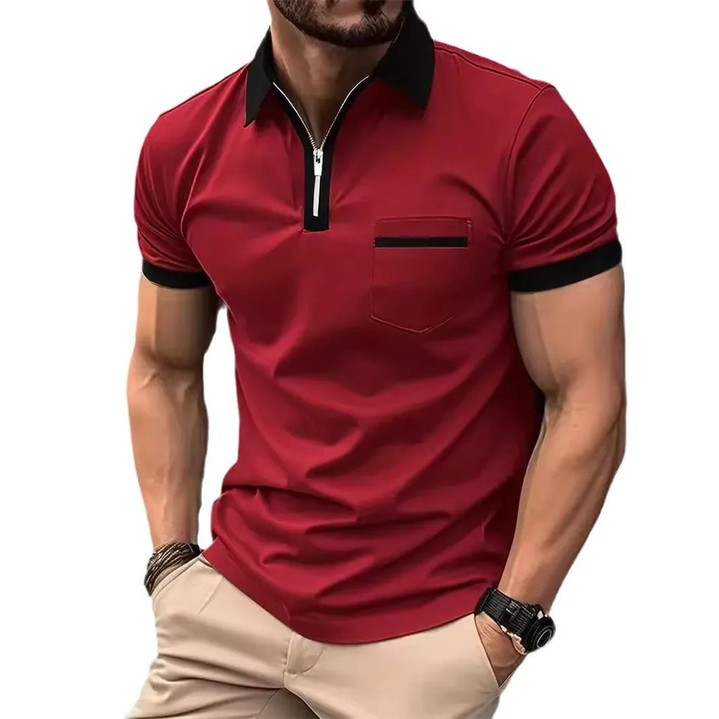 Men's loose fit short sleeve casual shirt with chest pocket and front zip detail in a two-tone colour.