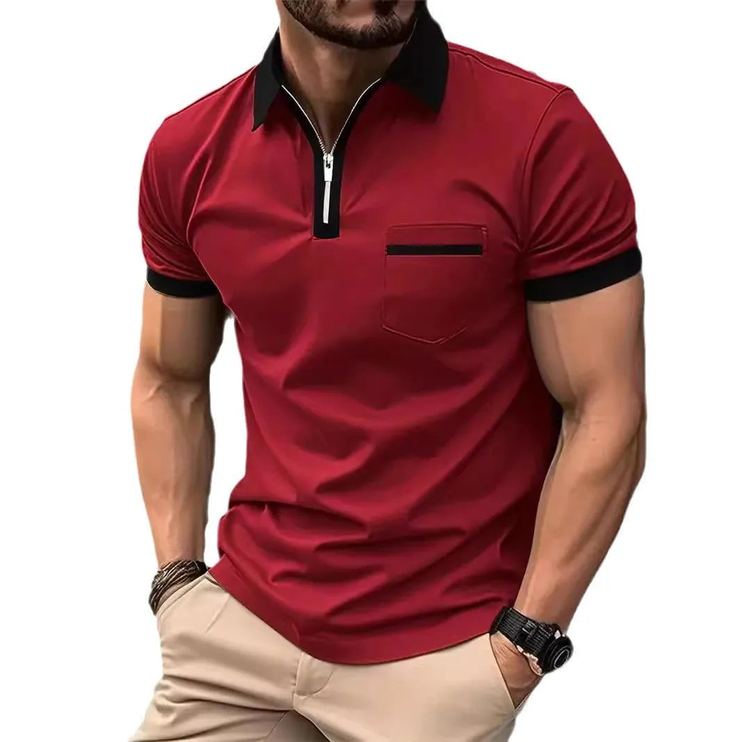 Men's loose fit short sleeve casual shirt with chest pocket and front zip detail in a two-tone colour.