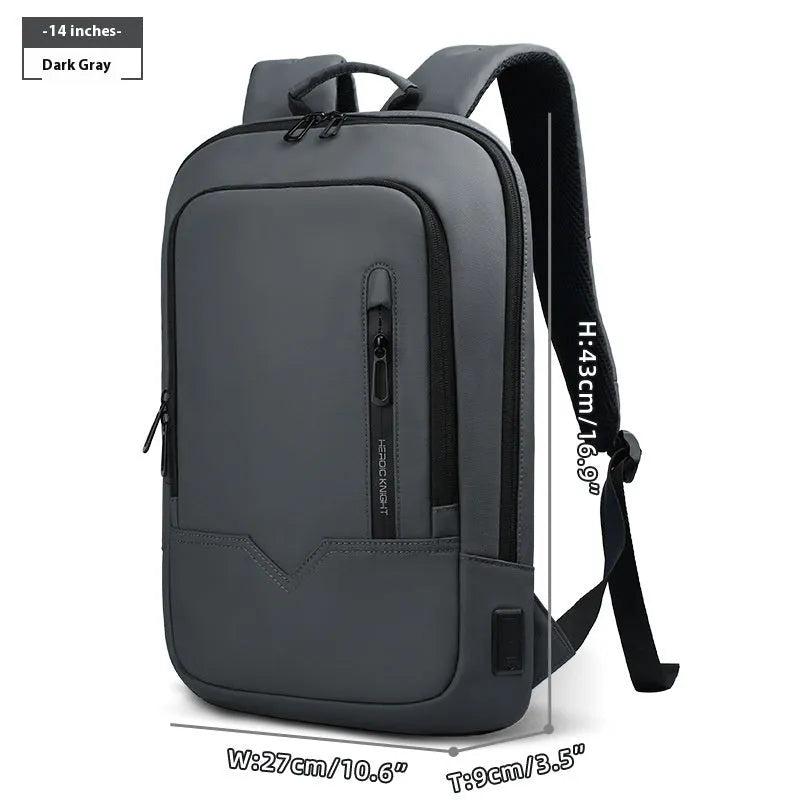 Lightweight polyester commuter backpack with USB interface available in 14 and 17 inch sizes in solid colours