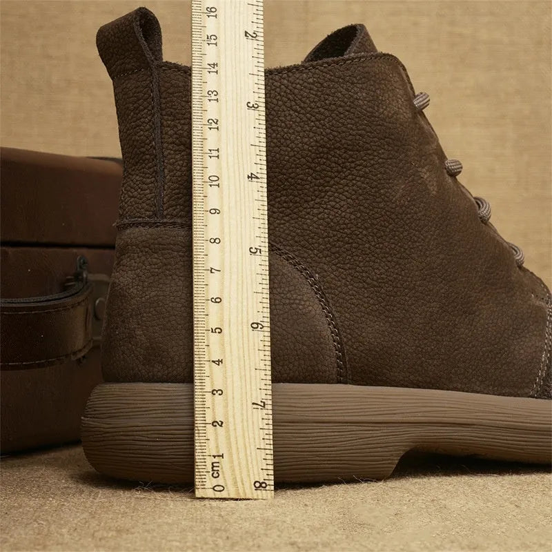 Grey genuine leather martin boots with wedge heel and lace-up front, mid-calf height retro design