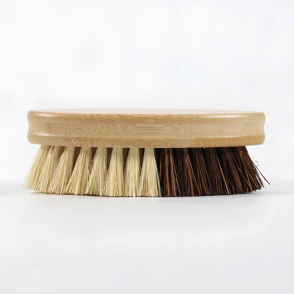 Bamboo vegetable brush with two-tone painted finish and oval shape for fruit and vegetable cleaning