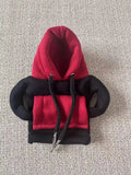 Polyester car gear lever hooded cover in red and white colour combination showing 12x13cm dimensions