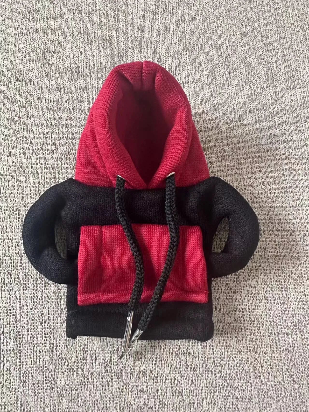 Polyester car gear lever hooded cover in red and white colour combination showing 12x13cm dimensions
