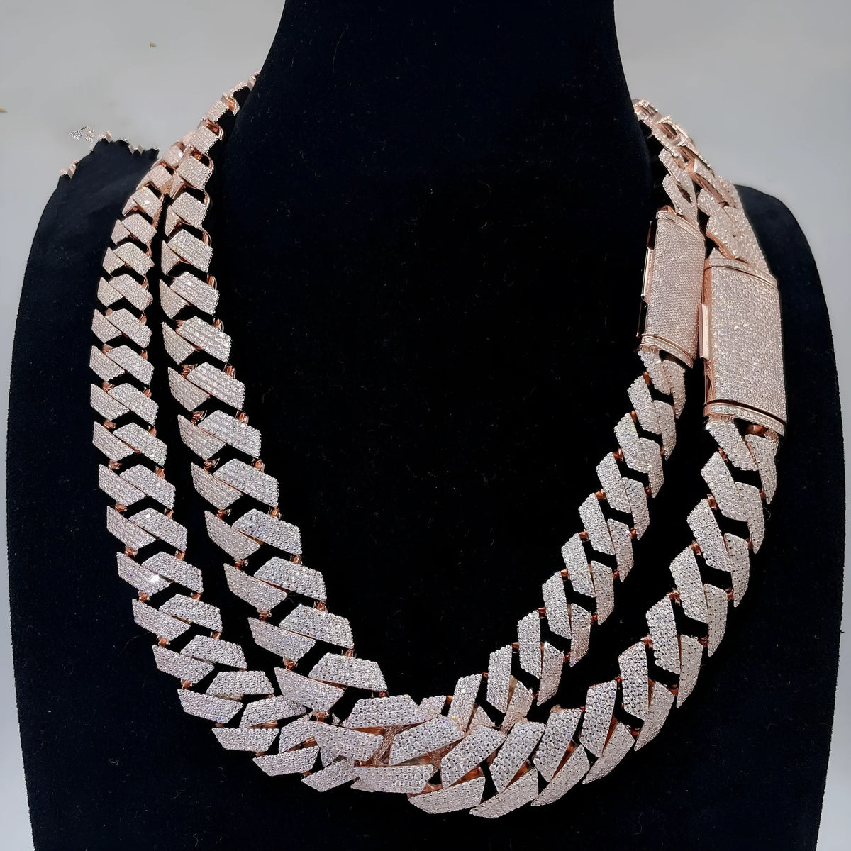 Moissanite Cuban link chain necklace in S925 silver, 18mm wide, shown in gold, platinum or rose gold