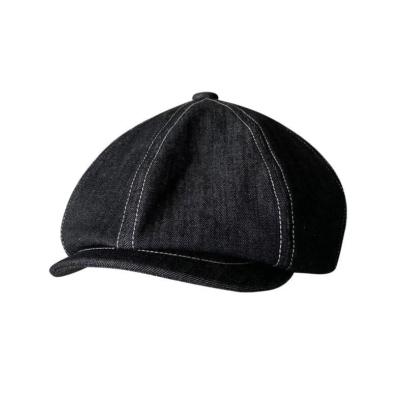 Black retro beret with octagonal crown made from Japanese denim cotton fabric