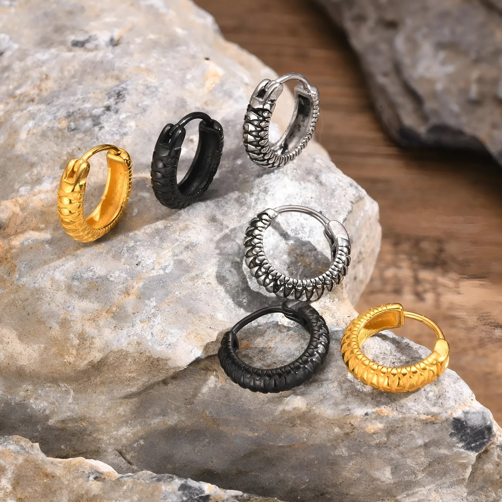 Stainless steel snake pattern hip hop earrings in black and gold colour options