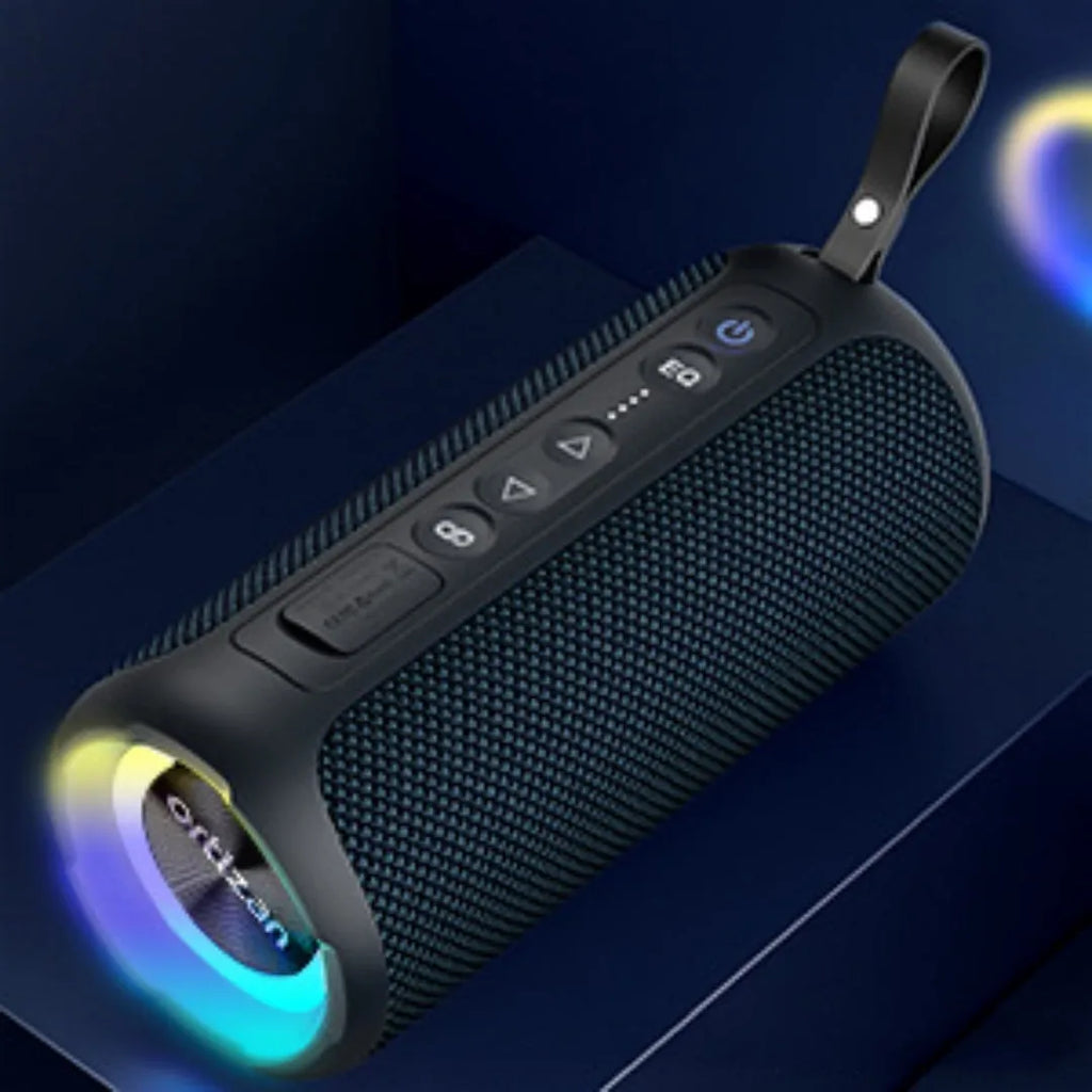 Black and blue 40W fabric wireless Bluetooth speaker with lighting and protective features