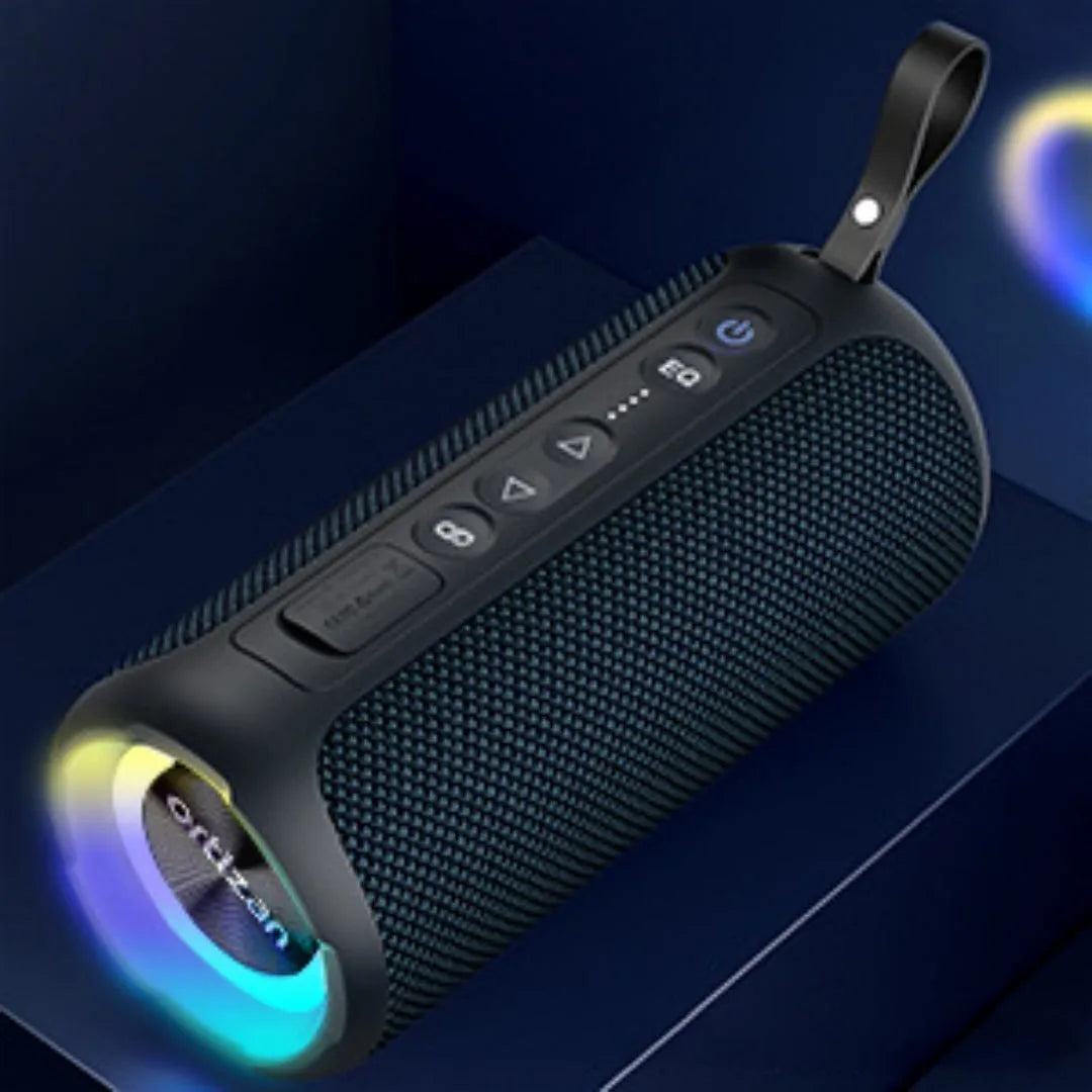 Black and blue 40W fabric wireless Bluetooth speaker with lighting and protective features