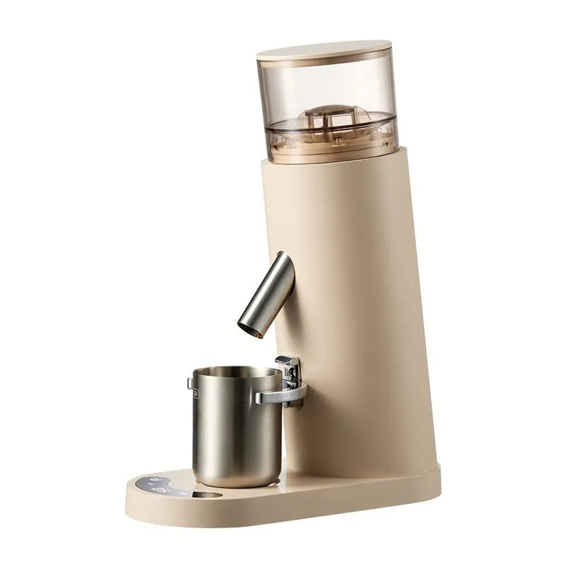 Portable stainless steel electric coffee grinder in beige and black retro styles.