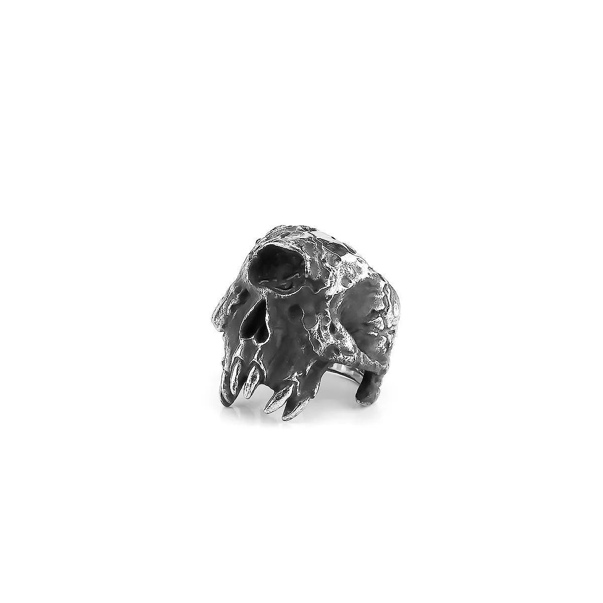 Silver-toned alloy ring with a detailed one-eyed skull design on a black background.